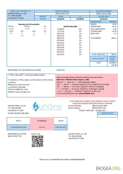 États Unis Texas L'eau d'Undine est notre élément de facture de services publics de l'eau Formats Word et PDF